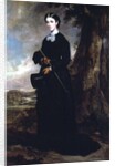 Young woman wearing a black riding habit and standing in a landscape by Francis Grant