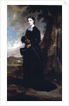 Young woman wearing a black riding habit and standing in a landscape by Francis Grant