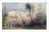 A View of an Indian city beside a river, with boats on the river and figures in the foreground by Thomas Allom