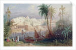 A View of an Indian city beside a river, with boats on the river and figures in the foreground by Thomas Allom