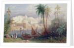 A View of an Indian city beside a river, with boats on the river and figures in the foreground by Thomas Allom