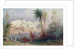 A View of an Indian city beside a river, with boats on the river and figures in the foreground by Thomas Allom