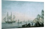 Marine View, with boat and figures on a shore by Samuel Atkins