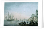 Marine View, with boat and figures on a shore by Samuel Atkins