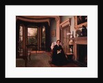 Victorian interior with seated lady by Charles Frederick Lowcock