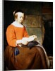 A young woman seated in an interior, reading a letter by Gabriel Metsu
