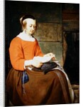 A young woman seated in an interior, reading a letter by Gabriel Metsu