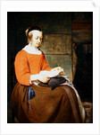 A young woman seated in an interior, reading a letter by Gabriel Metsu