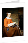 A young woman seated in an interior, reading a letter by Gabriel Metsu