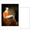 A young woman seated in an interior, reading a letter by Gabriel Metsu
