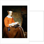 A young woman seated in an interior, reading a letter by Gabriel Metsu