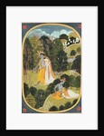 Radha and Krishna walking in a grove, Kangra, Himachal Pradesh, 1820-25 by School Pahari
