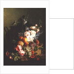 Still Life of Fruits and Flowers in a Wicker Basket on a Ledge. by Cornelis van Spaendonck