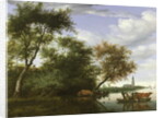 Wooded river landscape with figures and cattle on a ferryboat by Salomon van Ruisdael or Ruysdael