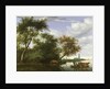 Wooded river landscape with figures and cattle on a ferryboat by Salomon van Ruisdael or Ruysdael