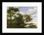 Wooded river landscape with figures and cattle on a ferryboat by Salomon van Ruisdael or Ruysdael