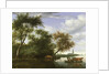 Wooded river landscape with figures and cattle on a ferryboat by Salomon van Ruisdael or Ruysdael