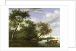 Wooded river landscape with figures and cattle on a ferryboat by Salomon van Ruisdael or Ruysdael