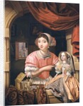 Girl holding a doll in an interior with a maid sweeping behind by Edwaert Colyer or Collier