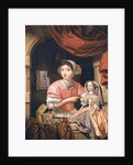 Girl holding a doll in an interior with a maid sweeping behind by Edwaert Colyer or Collier