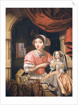 Girl holding a doll in an interior with a maid sweeping behind by Edwaert Colyer or Collier