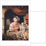 Girl holding a doll in an interior with a maid sweeping behind by Edwaert Colyer or Collier