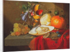 An oyster, a glass of wine and fruit on a table covered with a red velvet drape by Elias van den Broeck