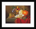 An oyster, a glass of wine and fruit on a table covered with a red velvet drape by Elias van den Broeck