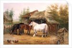 Carthorses in a farmyard by Edwin Frederick Holt