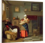 Nursemaid with baby in an interior and a young girl preparing the cradle by Pieter de Hooch