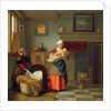 Nursemaid with baby in an interior and a young girl preparing the cradle by Pieter de Hooch