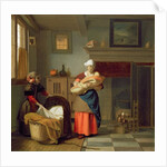 Nursemaid with baby in an interior and a young girl preparing the cradle by Pieter de Hooch