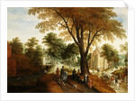 Elegant Horsemen and figures on a path in front of a chateau by Sebastian Vrancx