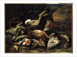 Still Life with a Hare, Song Birds and a Bird Net with a Spaniel Beyond by Jan Fyt