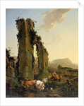 Peasants with Four Oxen and a Goat at a Ford by a Ruined Aqueduct, c.1655-60 by Nicolaes Pietersz. Berchem