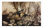 A band of workmen, who were sawing down a toadstool, rushed away, leaving their tools behind them by Arthur Rackham