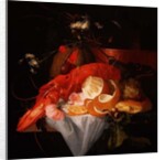 A Still Life with Lobster, Lemon and Grapes by Elias van den Broeck