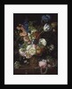 A Still Life of Roses, Tulips, Carnations, Stocks and Other Flowers in a Decorative Urn, Resting on a Stone Ledge by Jean-Louis Prevost