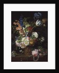 A Still Life of Roses, Tulips, Carnations, Stocks and Other Flowers in a Decorative Urn, Resting on a Stone Ledge by Jean-Louis Prevost