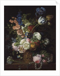 A Still Life of Roses, Tulips, Carnations, Stocks and Other Flowers in a Decorative Urn, Resting on a Stone Ledge by Jean-Louis Prevost