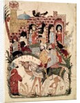 Ms Ar 5847 f.138, Abu Zayd and Al-Harith questioning villagers by Yahya ibn Mahmud Al-Wasiti