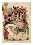Ms Ar 5847 f.138, Abu Zayd and Al-Harith questioning villagers by Yahya ibn Mahmud Al-Wasiti