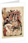 Ms Ar 5847 f.138, Abu Zayd and Al-Harith questioning villagers by Yahya ibn Mahmud Al-Wasiti