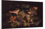 Still Life of Melon, Plums, Grapes, Peaches, Cherries, Strawberries etc on Stone Ledges by Severin Roesen