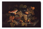 Still Life of Melon, Plums, Grapes, Peaches, Cherries, Strawberries etc on Stone Ledges by Severin Roesen