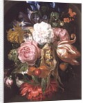A Still Life Of A Corncob, Roses, A Parrot Tulip, Irises, And Other Flowers Suspended From A Blue Ribbon, In A Stone Niche by Ernst Stuven