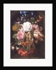 A Still Life Of A Corncob, Roses, A Parrot Tulip, Irises, And Other Flowers Suspended From A Blue Ribbon, In A Stone Niche by Ernst Stuven