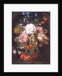 A Still Life Of A Corncob, Roses, A Parrot Tulip, Irises, And Other Flowers Suspended From A Blue Ribbon, In A Stone Niche by Ernst Stuven
