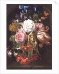 A Still Life Of A Corncob, Roses, A Parrot Tulip, Irises, And Other Flowers Suspended From A Blue Ribbon, In A Stone Niche by Ernst Stuven