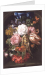 A Still Life Of A Corncob, Roses, A Parrot Tulip, Irises, And Other Flowers Suspended From A Blue Ribbon, In A Stone Niche by Ernst Stuven